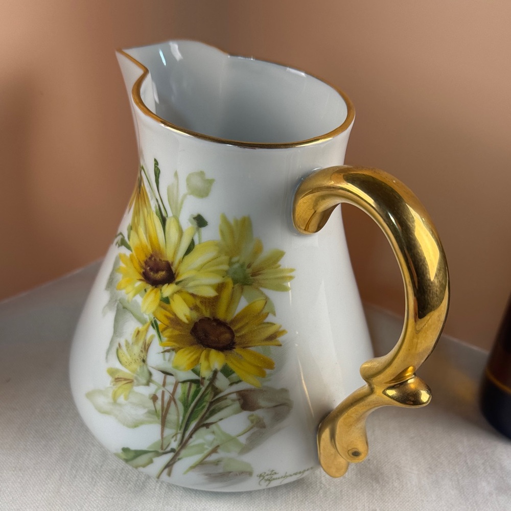Rita Rauchwerger Hand Painted Floral Pitcher with Gold Handle - Picture 13 of 15